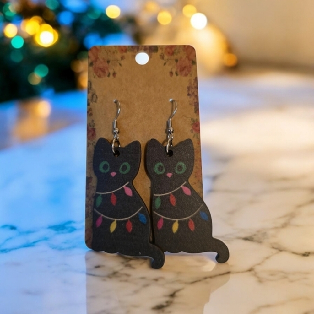 Women's Christmas Lights Holiday Cat Wooden‎ Fashion Earrings